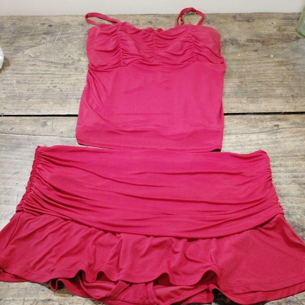 Lands End Sz 18 Swimsuit Red Two Piece Tankini Skirted Bottom Ruching
